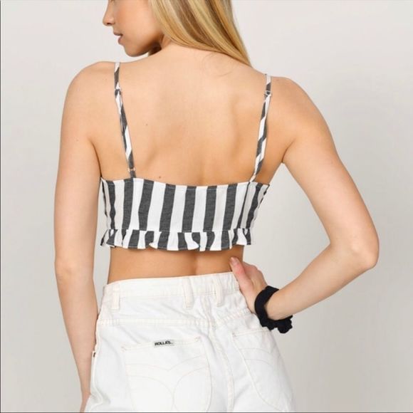 TOBI Just Right Lace Up Crop Top Black White Stripe - Picture 3 of 4